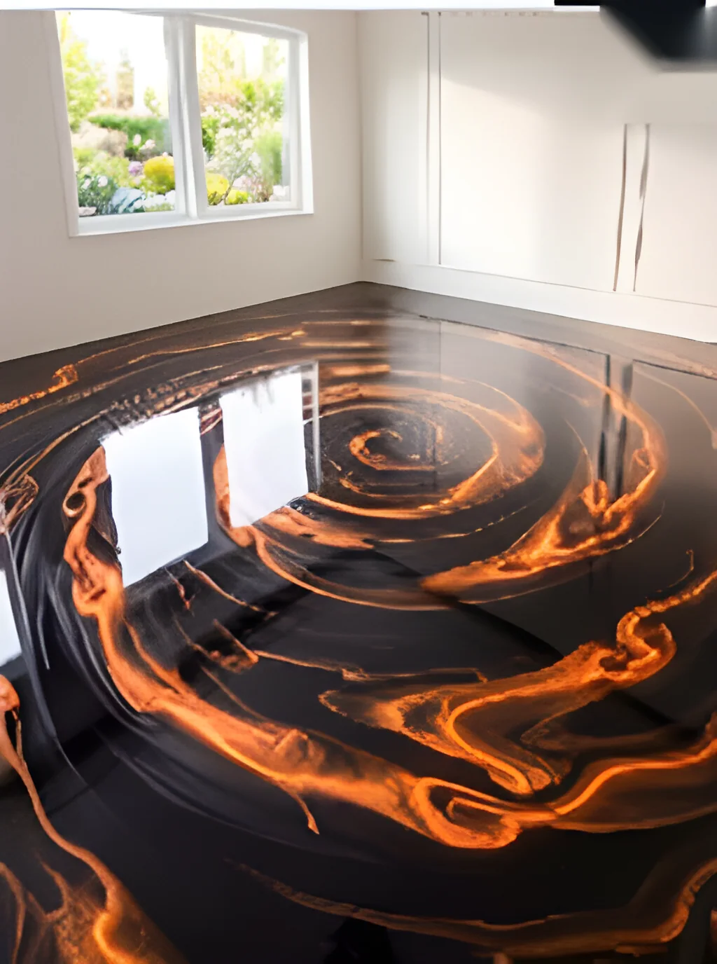 Poured 3D epoxy resin floor in black with copper swirls, finished to a mirror gloss