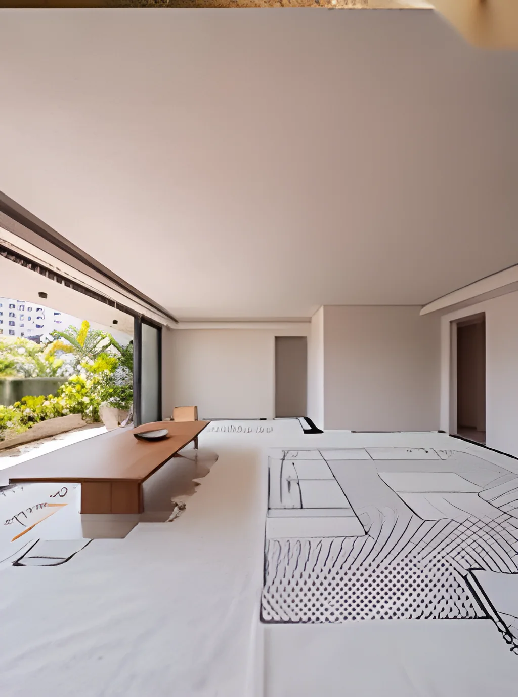Large open residential floor with full-height glazing, set out during the fit-out stage
